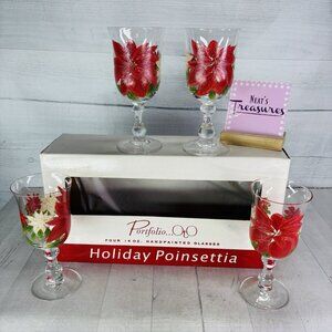 Portfolio HOLIDAY POINSETTIA Red Floral Hand Painted 14oz Stem Glasses Set 4 NEW